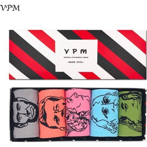 VPM Cotton Art Women&Mens Socks Harajuku Print Design Famous People Happy Skate Funny Socks GIFT BOX (5 pairs / lot )