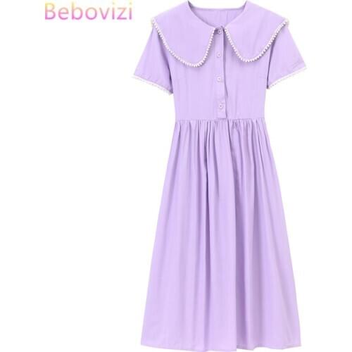 High Quality Za 2020 Woman Purple Pink Solid Fashion Korean Sweet Preppy Style Short Sleeve Baby Collar Summer Girls Midi Dress