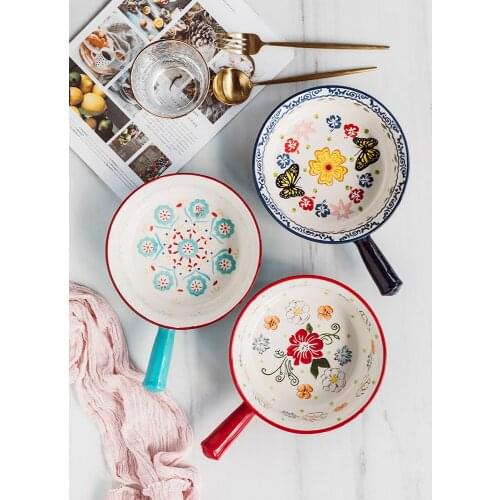 Japanese creative ceramic handlebar baking bowl salad soup bowl handle breakfast bowl microwave oven oven cheese baked rice bowl