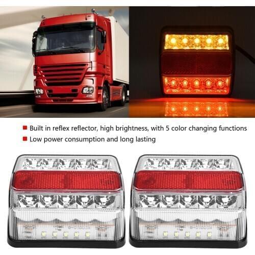 2pcs 12V 15 LED Rear Lights 5 Function with reflective bowl, waterproof, high-gloss for Trailer Trucks Boat Caravan Square Type