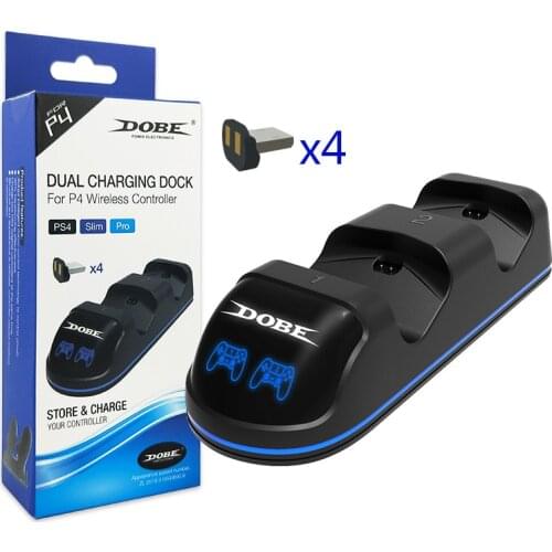 USB Dual Charging Dock Charger Station Stand+4 MicroUSB Charging Connectors for PS4/Slim/Pro Wireless Controller Blue/Red LED