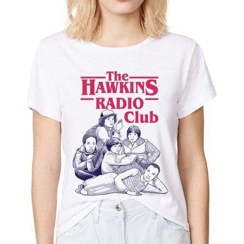 THE HAWKINS RADIO CLUB t shirt femme new white casual tshirt women stranger thing tee shirt NO GLUE PRINT