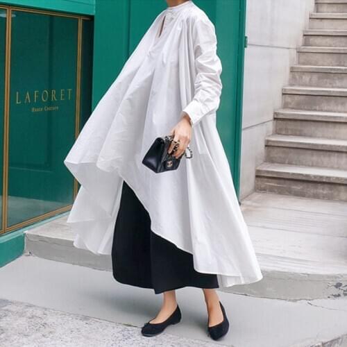 Johnature Autumn Irregular Loose Women Long Shirts 2021 New Korean Fashion Solid Color Simple Plus Size Womens Tops And Blouses