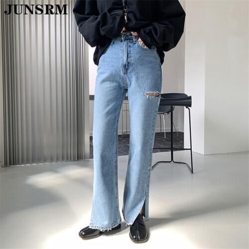 2020 New Spring Straight Jeans For Women Vintage High Waist Split Ripped Denim Jeans Pants Female Loose Summer Trousers Femme