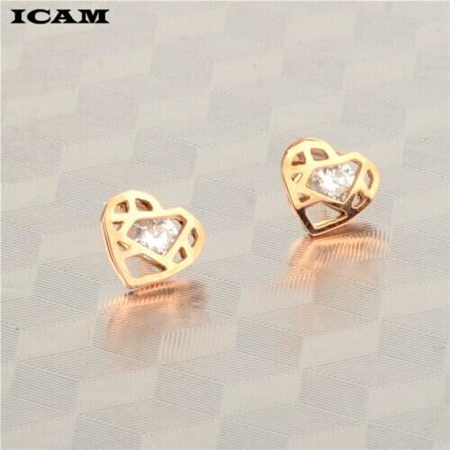 ICAM Women Fashion Rose Gold Stud Earring Romantic Heart Shape Zircon Stone Temperament Ear Stud High Quality Jewelry