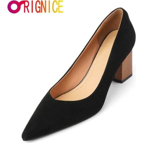 Orignice Simple Comfort Square Mid High Heels Pumps Women Classic Style Kid Suede Pointed Toe Black Office Ladies Work Shoes