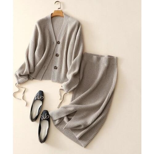 Europe fashion autumn winter 100% cashmere cardigan womens knitted jacket skirt thick warm two-piece cashmere suit
