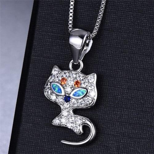 Blue Opal Orange Zircon Necklace Vintage Punk Small Cat Pendant Necklaces For Women Fashion Jewelry Silver Color Chain Necklace
