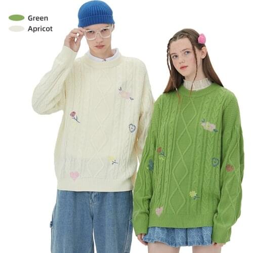 1338 Winter Men Knitted Sweater Fresh Campus Student Youthful Style Chic Flower Embroidery Jacquard Casual Knitwear Pullovers