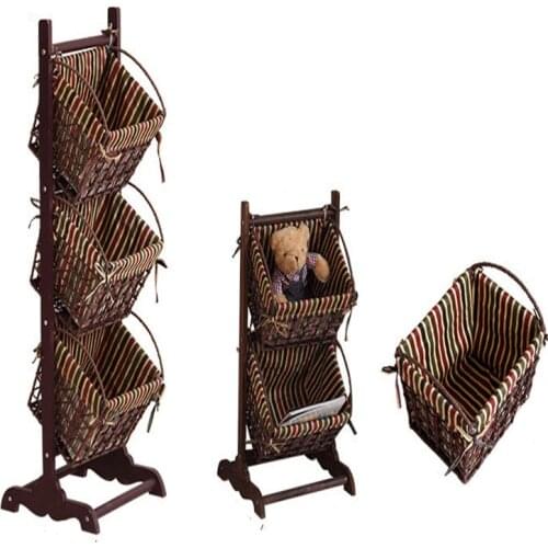 2017 Magazine Rack Ground Living Room Receive Basket Real Wood The Cane Basket Newspaper Stand Multi-Level Rural Receive Frame