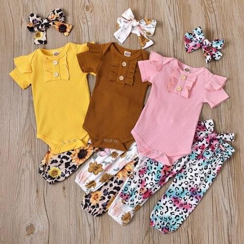 3PCS Set Newborn Baby Girl Short Sleeve Cotton Bodysuit Tops Floral Long Pant Headband Outfits Summer Clothes
