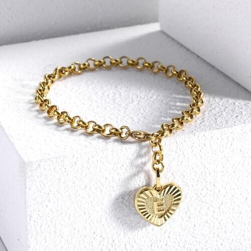5mm Stainless Steel Heart Shaped 26 Initail Letter A Z Charm Bracelet for Women Girls Rolo Link Chain 8inch Adjustable DKB668