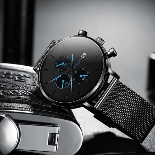 Black Mens Business Watches Luxury Stainless Steel Ultra Thin Quartz Wrist Watch Slim Mesh Steel Sport Watch Relogio Masculino