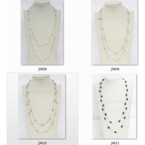 Length Baroque 46" 9mm rice white pink purple black pearls beads Strand necklace 18KGP j9611