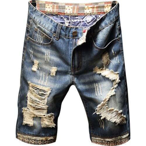 New Mens male casual fashion summer holes ripped denim shorts Trendy patchwork knee length jeans Beggar Capri
