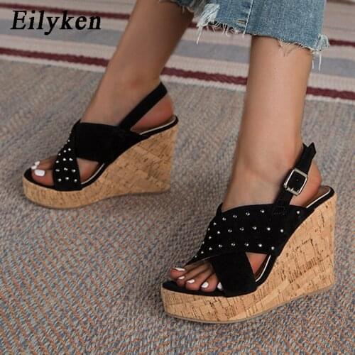 Eilyken Roman Gladiator Wedges Sandals Summer Fashion Rivet Design Women Casual High Heels Open Toe Platform Buckle Strap Shoes
