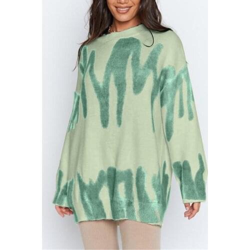 Elegant Green Striped Print Oversized Pullovers Women Winter O-Neck Loose Long Sweaters Streetwear Warm Outerwear 2021#f3