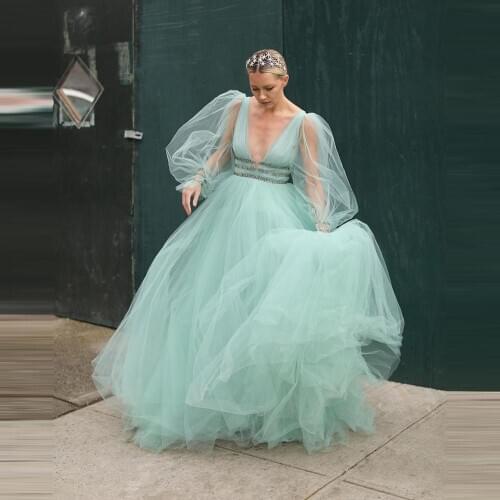 Elegant Tulle Dresses With Puffy Sleeves See Through Sheer Deep V Neck Tulle Dressing Gowns Custom Made A Line Extra Puffy