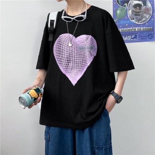 T Shirt Mens Hip Hop Heart Printed Casual Tshirt Streetwear Summer Cotton Harajuku Black/White T-Shirts Short Sleeve Tops Tees