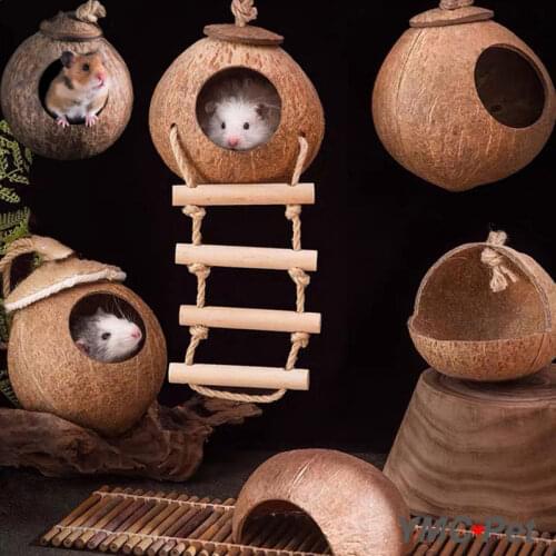 Natural Small Pet Coconut Cages Pet Cage for Hamster Guinea Pig Birds Squirrel Wooden House Rat Rodent Small Animal Nest Bed Toy