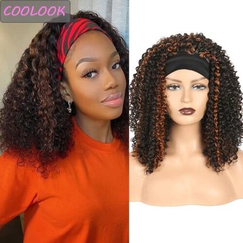 Short Kinky Curly Headband Wigs for Black Women 16 Inch Afro Kinky Curly Head Wrap Wig Ombre Synthetic Brown Burgundy Curls Wigs