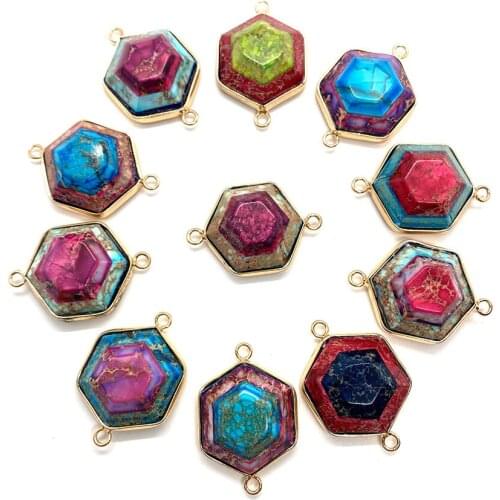 Natural Stone Obsidian Hexagonal Double Hole Pendant Pattern Imperial Stone Handmade DIY Necklace Bracelet Jewelry Accessories