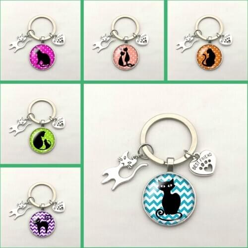 New Fashion Cute Cat Alloy Pendant Keychain Round Photo Glass Convex Keychain Charm Bag Gift for Men Women Party Cat Paw Prints
