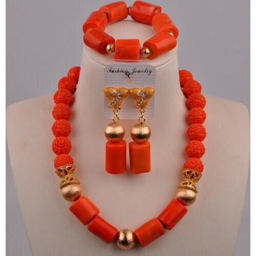 Orange Coral Beads African Jewelry Set Nigerian Wedding Coral Bridal Jewelry Sets for Women 2-4-B3