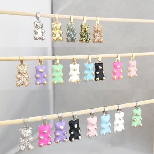 QMHJE Enamel Bear Candy Colors Charm Pendant Necklace Women Choker CZ Paved Neon Green Jewelry Bracelet Ankel Smooth Hook