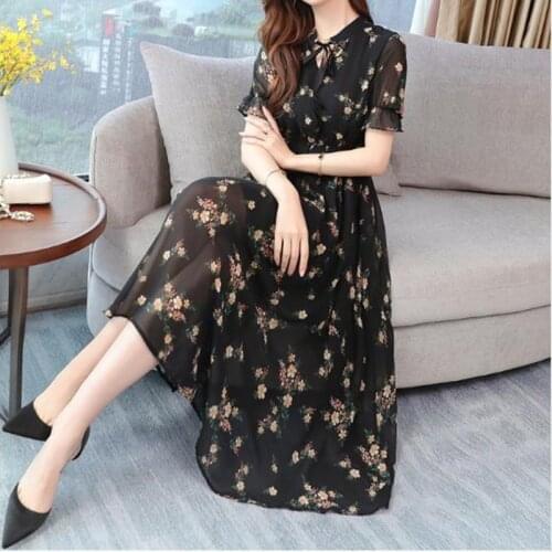 Hot Sale Short Sleeve Print chiffon dress summer womens new waist was thin and popular Casual Large Size Midi Dress