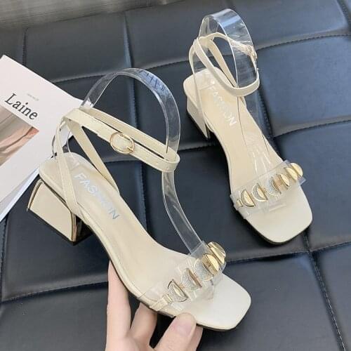 New Middle Heels Womens Shoes Casual Buckle Strap Shoes for Women Sandals Square Heel Ankle-Wrap Handmade Fashion Summer Shoes