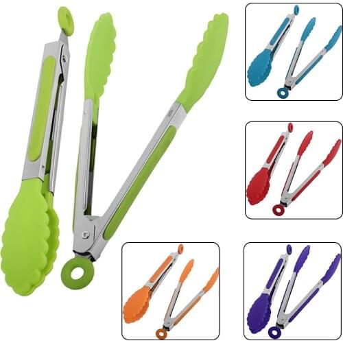 8 Inch Environmental Stainless Steel Silicone Kitchen Cooking BBQ Tongs Random Color 21x3cm