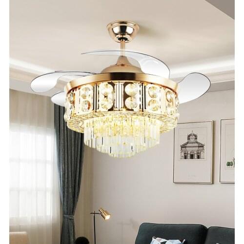 LED Crystal Ceiling Fan Light European Invisible Bedroom Dining Room Ceiling Fan Light Modern Household Ceiling Fan with Light