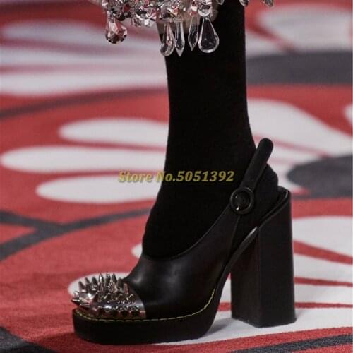 Rivet Block Heel Platform Shoes Ankle Strap Sqaure Toe Black Pink Leather Fashion Shoes Metal Silver Toe Chunky Heel Sandals