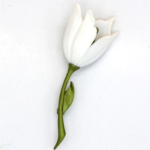 Jewelry, white tulip, fragrant flowers, branches, retro, exaggerated color, brooch