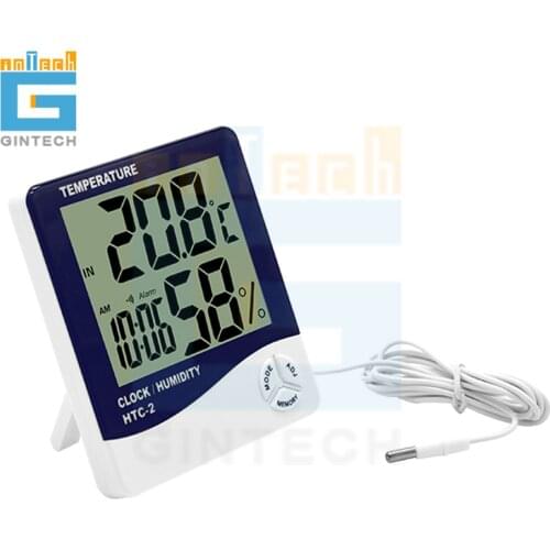 IN-Outdoor Thermometer Hygrometer HTC-2 LCD Digital Electronic Temperature Humidity Meter Weather Station Clock
