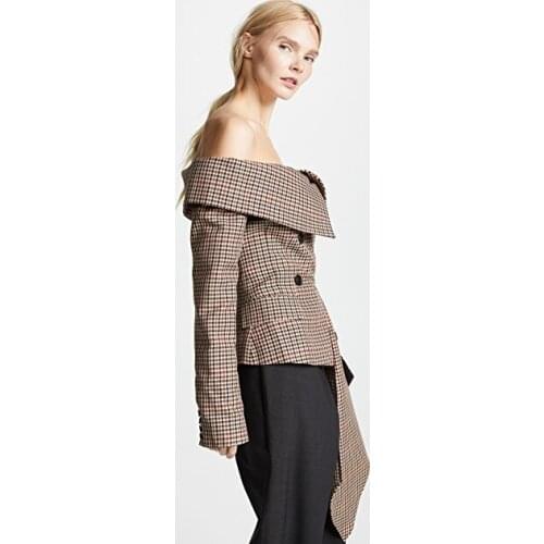 Off Shoulder Vintage Plaid Blazer Femme Jacket Long Sleeve Irregular Elegant Runway Designer Womens Coats Spring Autumn 2020 New