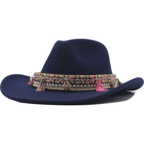 Womens Fedora Hat Wool Black Jazz Hats Female National Casual Large Brim Vintage Autumn Classic Felt Hat And Cap 2021