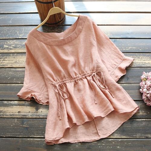 Cotton 100% Drawstring Women Blouse Summer New 2021 O-Neck Ruffles Flare Sleeved Slim Loose Elegant Female Pulls Tops