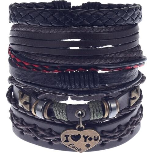 Pure Handmade Punk Women Round Charm Weave Wrap Chain Leather Love Men Bracelets Homme Female Jewelry 5 Pcs/set