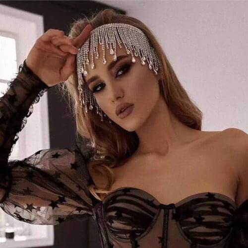 Fashion womens long tassel headdress Party Gift shiny luxury crystal headband hair ornament jewelry Ball Party Gift
