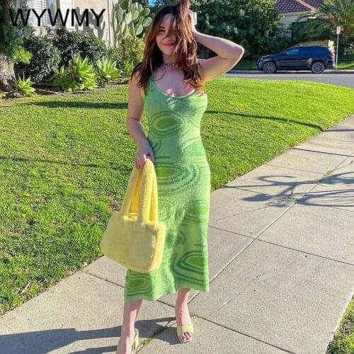 Paisley Print Knit Dress Women Green Y2K Summer Sexy Bodycon Sleeveless Spaghetti Strap Beach Dress Elegant Party Midi Dresses