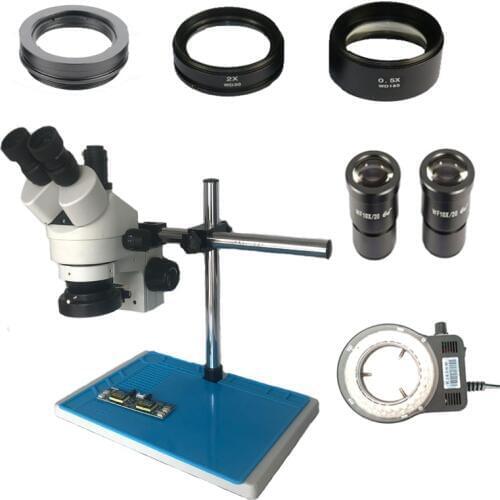 3.5X 7X 45X 90X Trinocular Stereo Microscope 360 Dual arm support table soldering microscope 1X 2.0X 0.5X barlow Objective lens