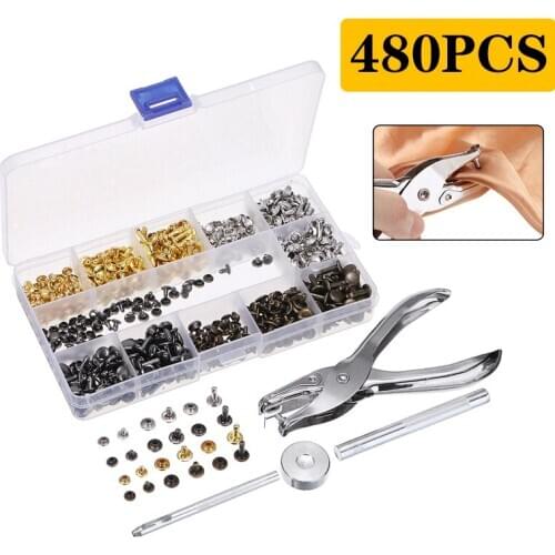 480pcs Leather Rivets Double Cap Rivets Metal Fixing Tool With Punch Pliers Kit Snap Fasteners Kit For Belt Garment Decor