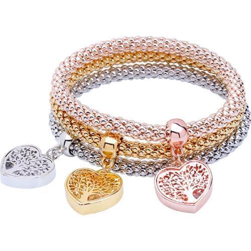 5sets=15Pcs Tree of Life Bracelet Popcorn Owl Heart Dangle Charm Bracelets For Women Pulseria Feminina Boy Girl