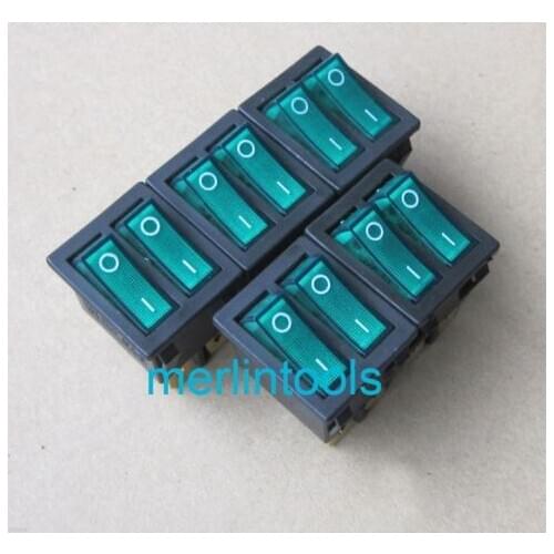 5Pcs Heavy Duty DPST Green Lighted Snap in Rocker Switch