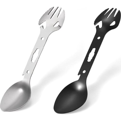 6 in 1 Multifunctional Camping Cookware Spoon Fork Bottle Opener Portable Tool Safety Survival Durable Stainless Steel Aid Tools