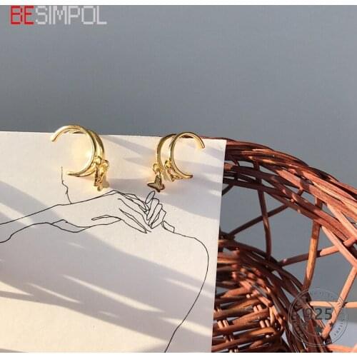 Besimpol Real 925 Sterling Silver Stud Earrings Aestheticism Golden Double Butterflyies Earrings For Women Fashion Fine Jewelry