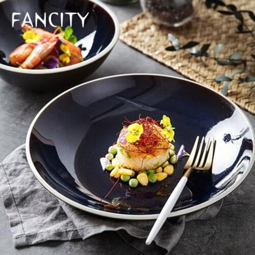 FANCITY Kiln becomes blue and white side deep dish creative pasta plate salad bowl household rice bowl small noodle bowl