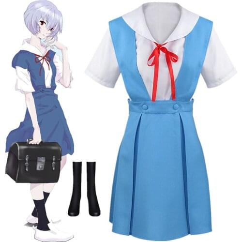 Anime EVA Ayanami Rei Cosplay Costumes Set School Uniform Summer Strap Dress Top Socks Suit Girls Women Prop